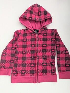 Girls (Size XXS) Hot Pink Heart Plaid Zip-Up Hoodie Sweatshirt